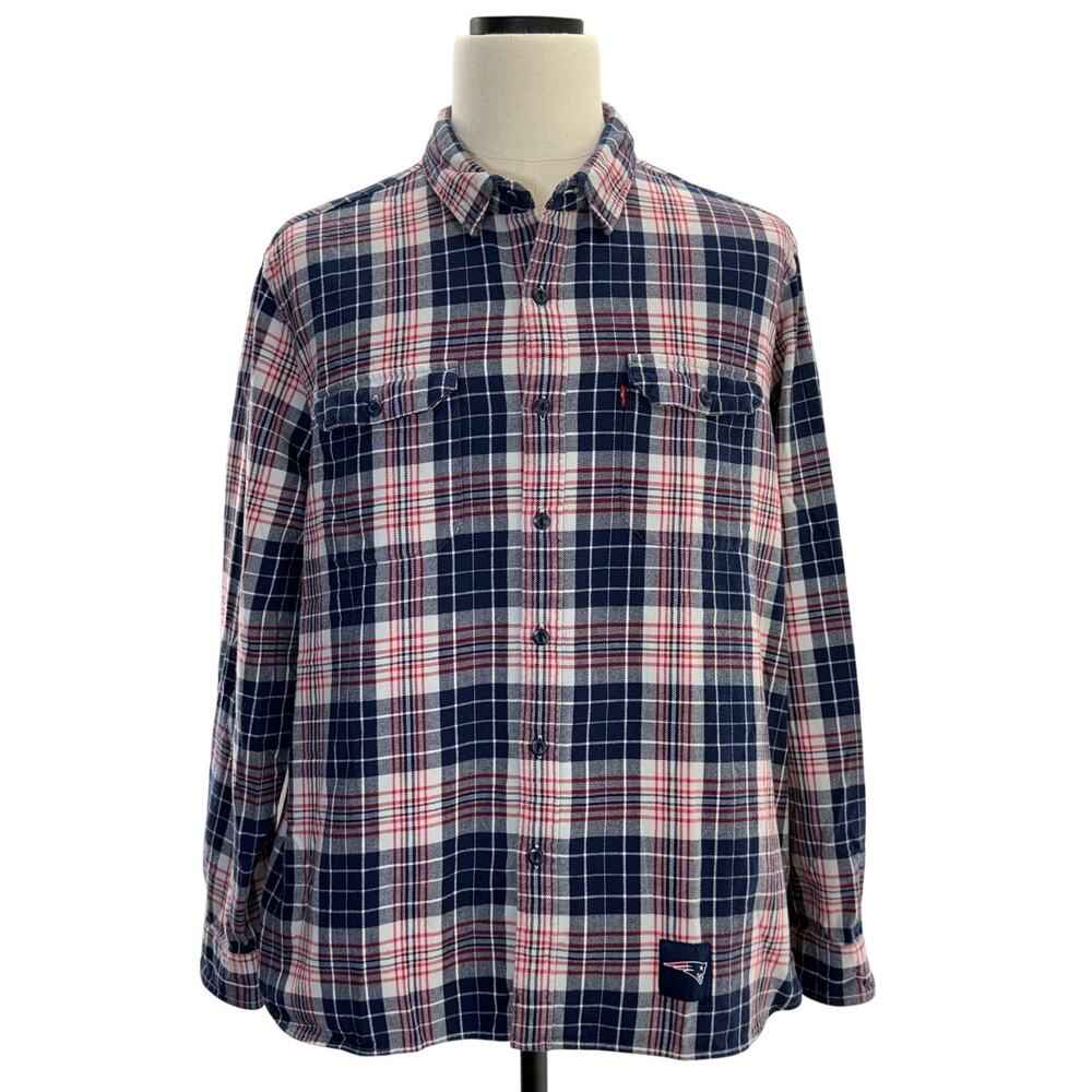 NFL Patriots Red Blue Plaid Flannel Button Down Shirt Mens XXL Levi's Cotton